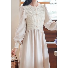 加厚毛衣裙秋冬新款洋气森系高档法式收腰遮肉假两件连衣裙中长款