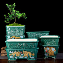 宜兴紫砂花盆上釉手工刻绘四方长方形桌面蝴蝶兰绿植盆景盆栽批发