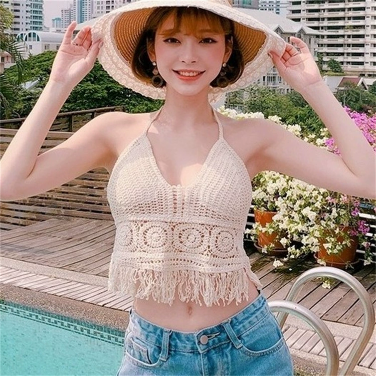 Bra top / knitted crop tank with cups and straps, backless, embroidered trim, one size