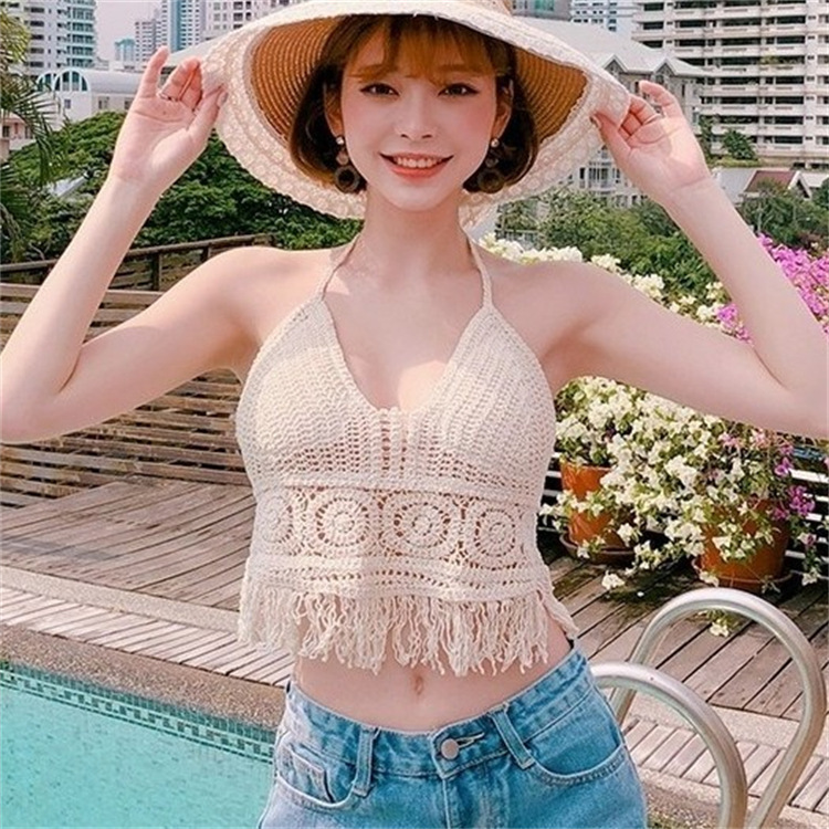 Halter Neck Vest with Sling Inside, Leaky Shoulder Straps, Chest Pad, Backless Cut Out Tube Top, Embroidered Vest, Women's Summer Short Top Halter Neck Vest with Sling Inside, Leaky Shoulder Straps, Chest Pad, Backless Cut Out Tube Top, Embroidered Vest, Women's Summer Short Top