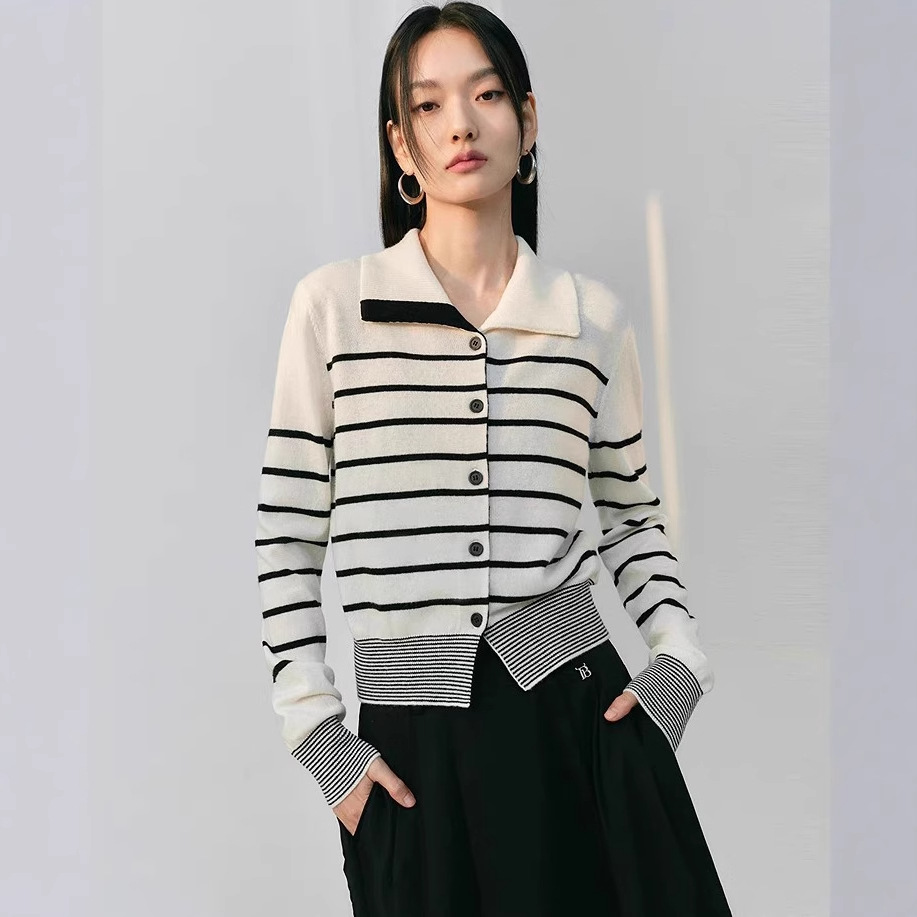 Autumn New Style Lapel Contrast Color Knitted Cardigan Jacket Versatile Loose Striped Slimming Turtleneck Sweater for Women