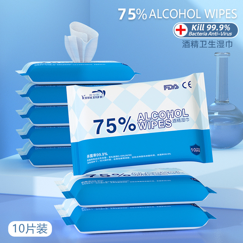 10片装抽取式湿巾75酒精湿巾纸含氯免洗去菌卫生湿纸巾外销英文版