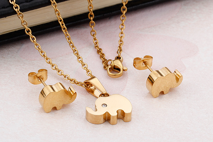 Korea Diamond Fashion Cute Elephant Necklace Clavicle Chain Earring Set
