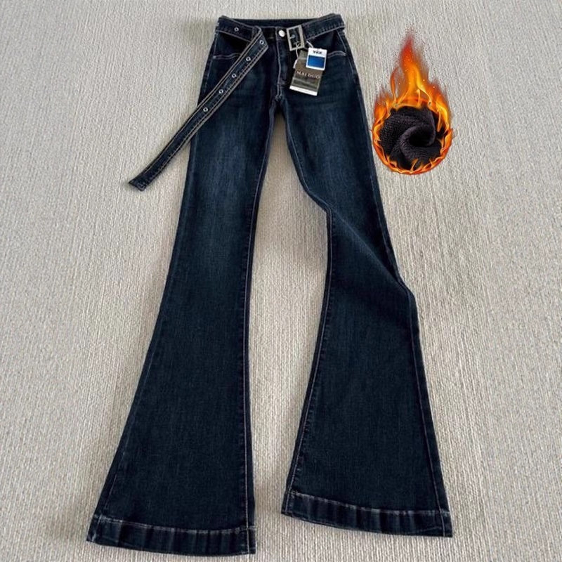 Hot Girl Retro Hong Kong Style Outfit, New Autumn and Winter Low-Waist Flared Jeans, Slim-Fit Long Pants, Fleece-Lined Pants, Ins
