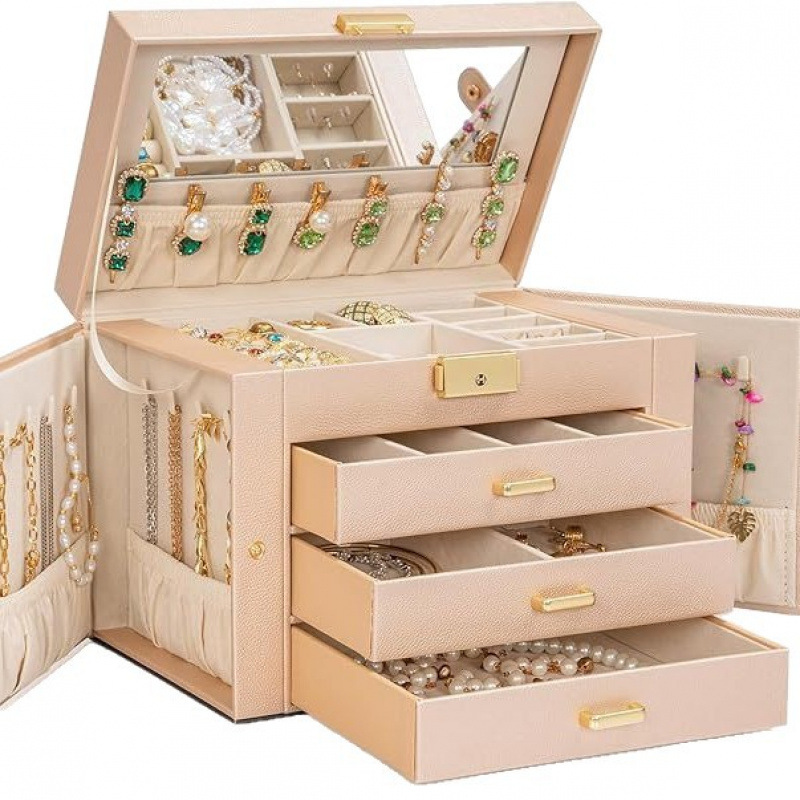 Cuatro capas de lujo de gran capacidad con espejo caja de joyería caja de almacenamiento de joyería pendientes tipo cajón collar caja de joyería