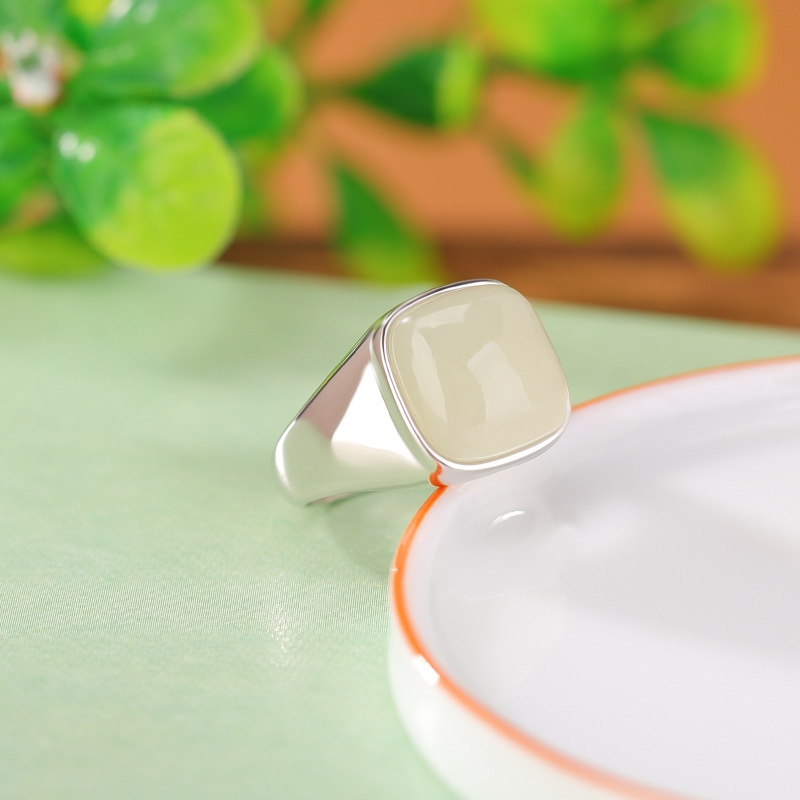 Nhẫn nữ bạc S925 đính ngọc bích Hetian phong cách retro hình vuông, thiết kế mở có thể điều chỉnh — Mở một size