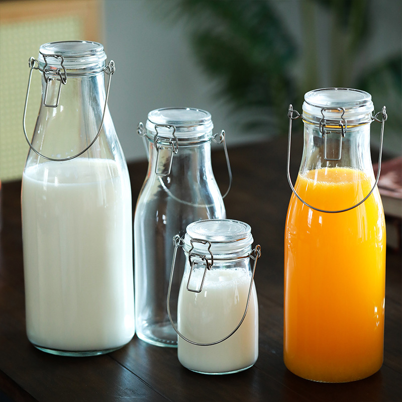 玻璃牛奶瓶带提手果汁饮料储存家用自酿青梅酒容器分装瓶现货批发