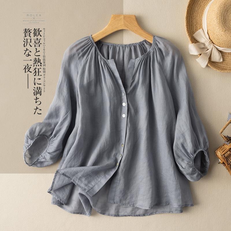 Lantern Sleeve V Neck Linen Shirt Women's Three-Quarter Sleeve Literary Retro Hong Kong Style Cotton and Linen Shirt 2022 Spring and Summer New Style