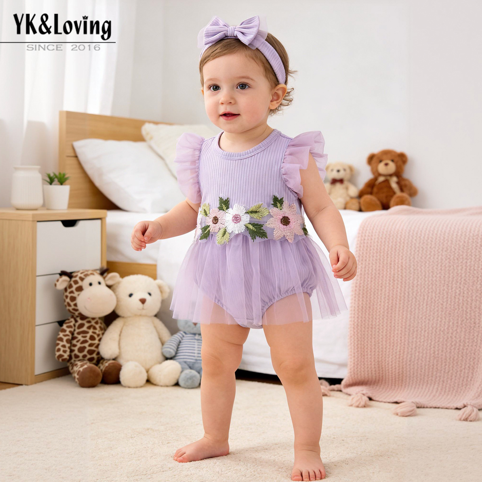 Baby Girl Mesh Romper Dress with Cute Little Flowers, Flutter Sleeves, and Hair Accessory Set, Class a Seamless Flutter Sleeve Romper