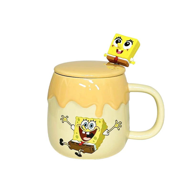 Керамическая чашка SpongeBob с крышкой, ложкой, домашняя детская кружка для воды милые девочки молочная чашка кофе