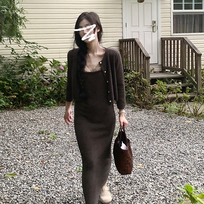 (2개) 프랑스 디자인 기질 니트 슬링 원피스 어린이 초가을 2025 새로운 가을 착용 세트