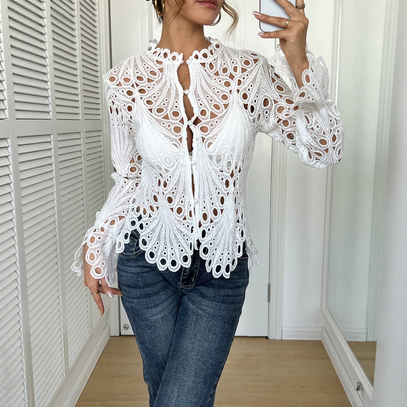 2026 New European and American Style Fashionable Sexy Hollow Lace Stand Collar Bell Sleeve Breathable Knitted Lace Shirt 2026 New European and American Style Fashionable Sexy Hollow Lace Stand Collar Bell Sleeve Breathable Knitted Lace Shirt