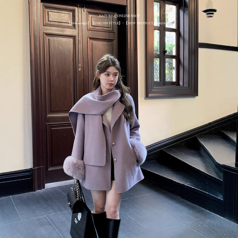 2025 New Autumn and Winter Korean Style Double-Sided Cashmere Outwear Women's Long Scarf Collar Small Woolen Fur Outwear