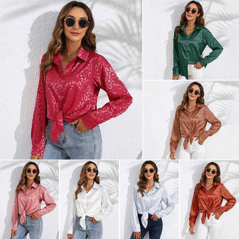 2024 Европа и США трансграничная амазонка сплошной цвет рубашка весна и осень внешняя торговля женская темперамент жаккардовая имитация шелковая рубашка с длинными рукавами