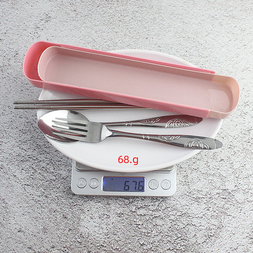 Stainless steel portable cutlery set including fork, spoon, and chopsticks, three-piece set for students, gift set available with logo printing