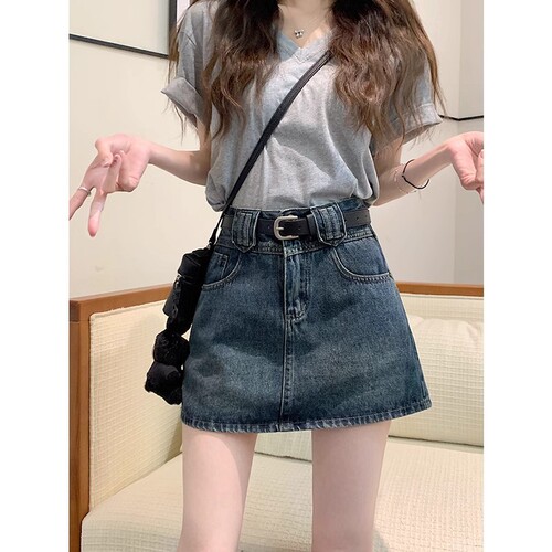 Women's Summer Plus Size Vintage Denim A-Line Short Skirt, High-Waisted Slimming Bustier, No-Show Design Fashion Pants