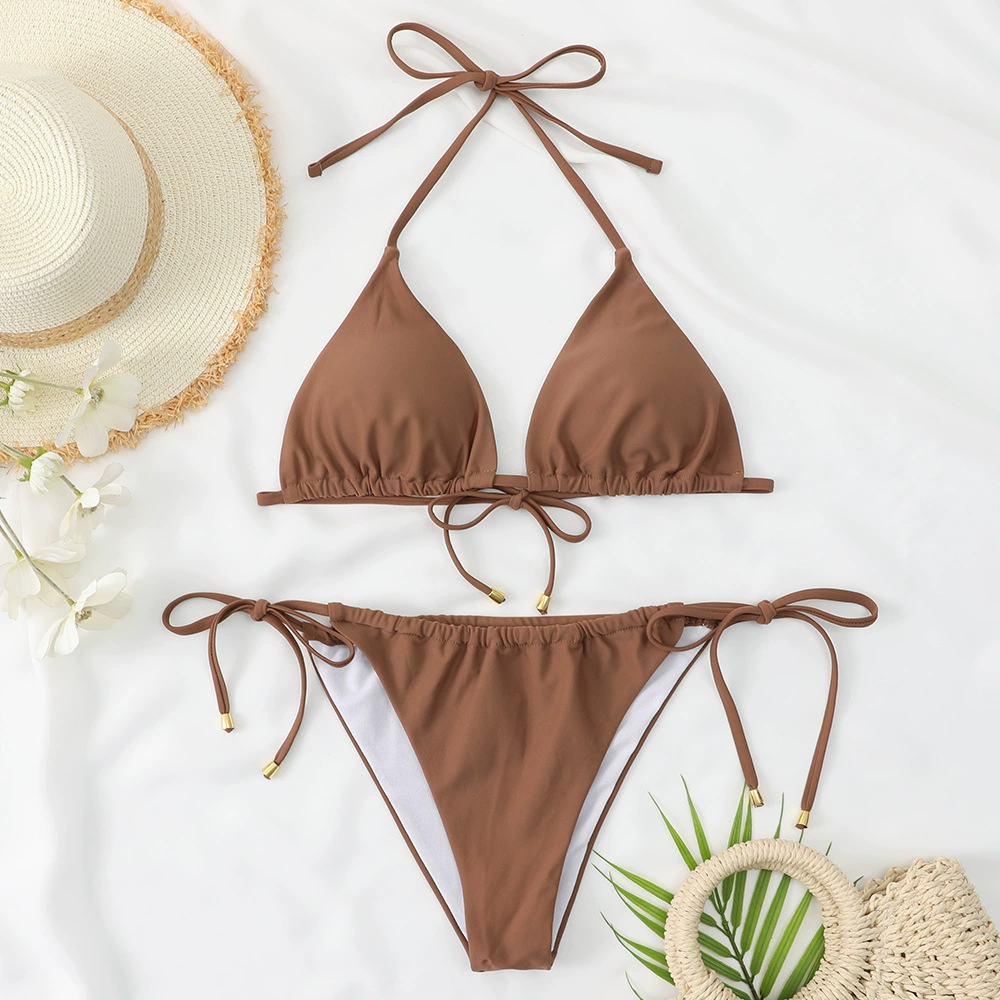 Women's Nylon Bikini Set, Split Top with Cups, Backless Tie, Sizes XS–XL