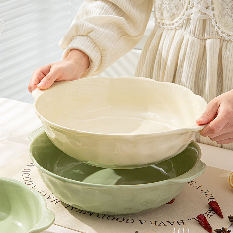 Cream-Style Pickled Fish Large Bowl for Home Use, New Double-Handle Soup Bowl, Large Size for Boiled Fish and Blood Sausage Soup