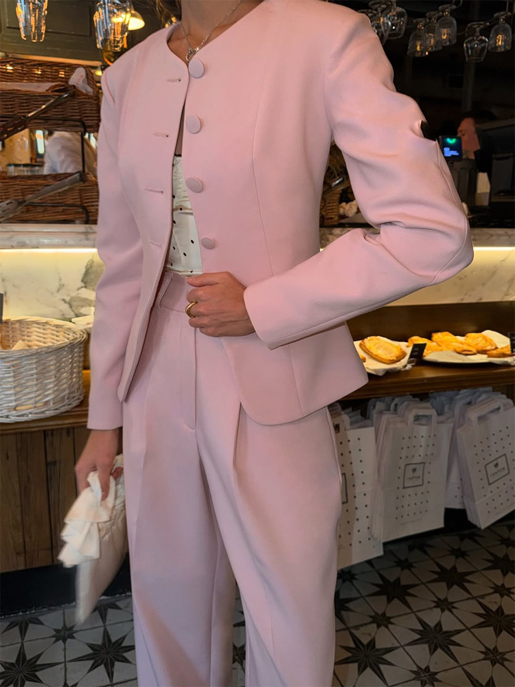 Chaqueta de traje con cuello redondo de elastano monopecho para otoño e invierno
