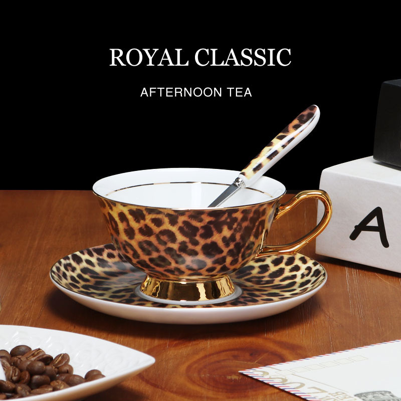Leopard Print Light Luxury Bone China Coffee Cup and Saucer Set European Style Tea Cup Trendy Exquisite Ceramic Cup and Saucer Classic High Aesthetic