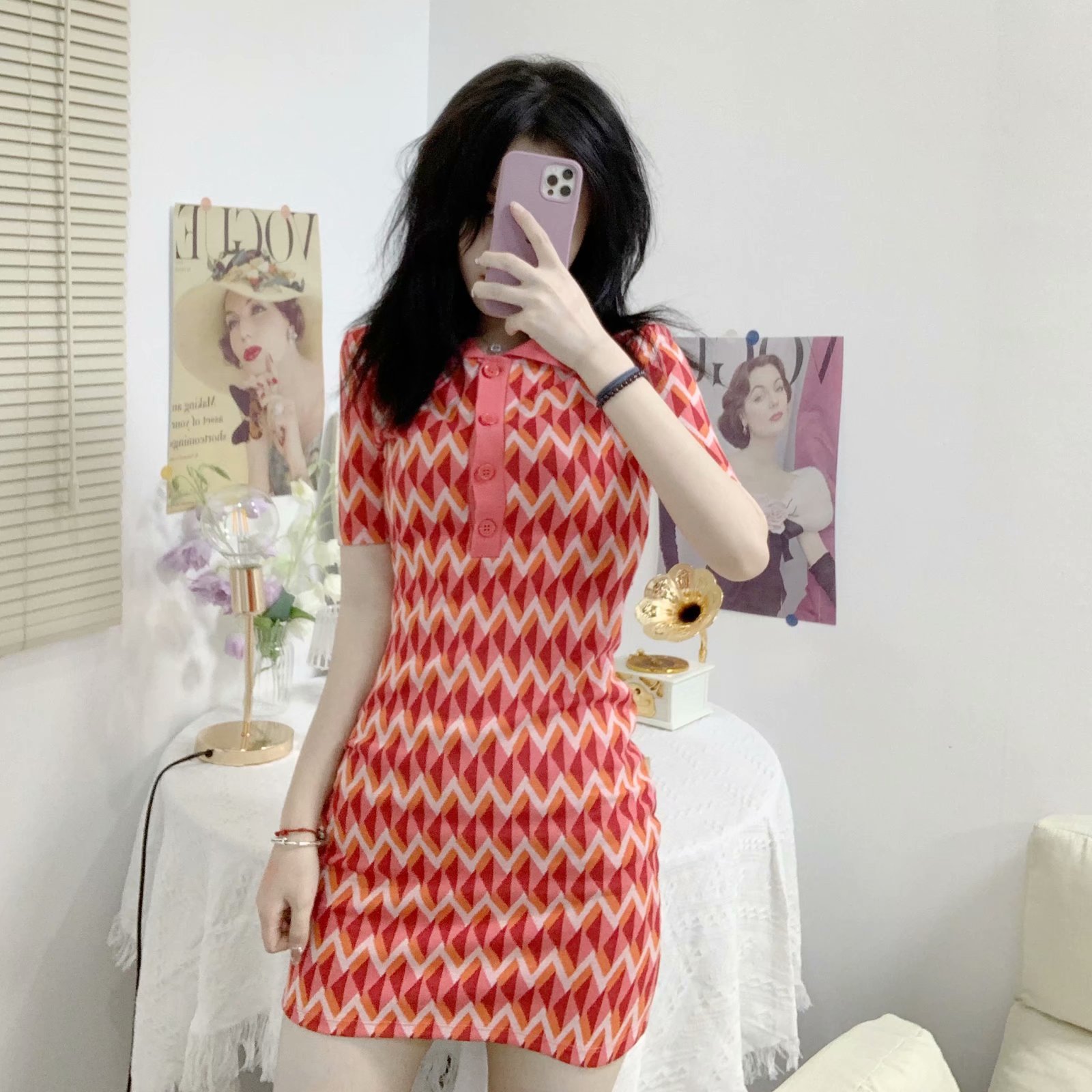 autumn lapel short-sleeved jacquard thin knit dress nihaostyles wholesale clothing NSAM85349