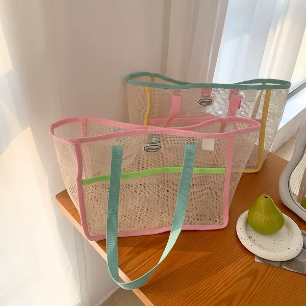 Ins-style color-blocking mesh handbag, macaron color-blocking grid storage bag, portable cosmetic tote bag for outings