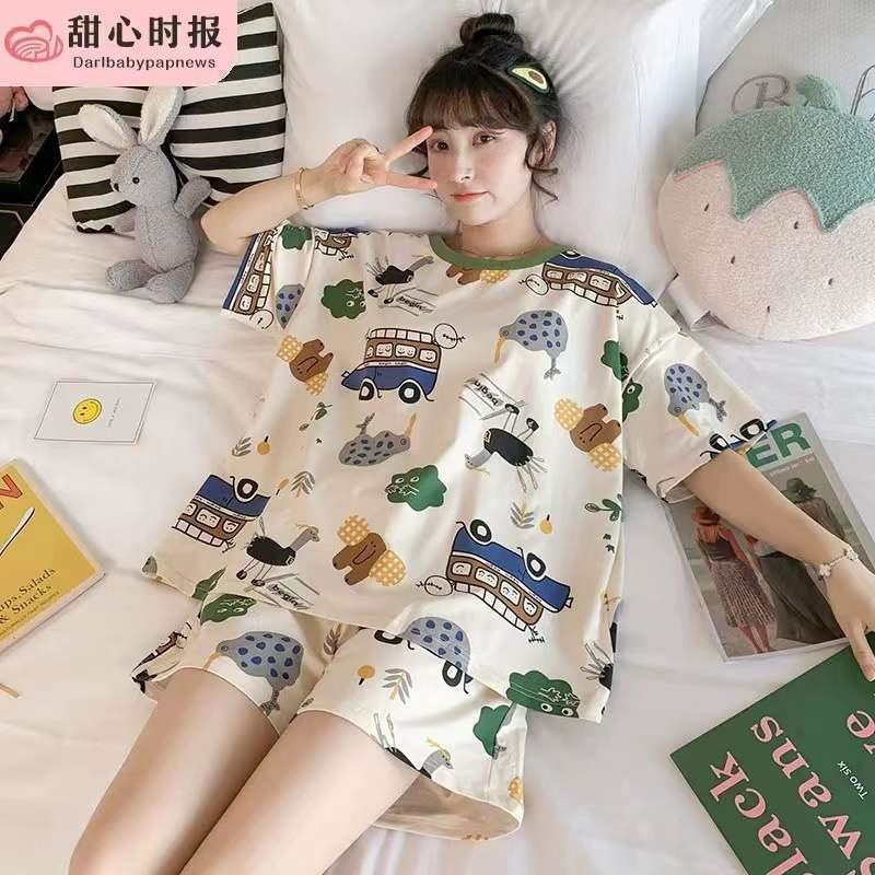 Pijama de mujer de verano de manga corta pantalones cortos delgados en 2025 nuevo conjunto de ropa de casa de dibujos animados de verano para mujeres se puede usar fuera