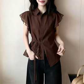 设计感咖色小翻领短袖衬衫女2026夏季新款收腰绑带荷叶边气质上衣