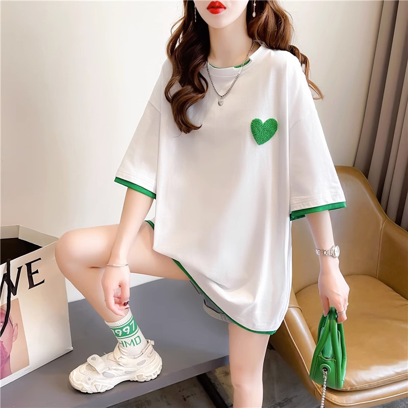 2026 Summer Design-Inspired Towel Embroidery Short-Sleeve Faux Two-Piece T-Shirt Top