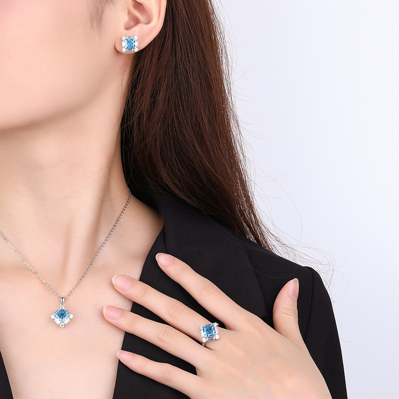 Zhuang Sheng joyería S925 plata de alto carbono diamante aguamarina princesa cuadrado diamante traje mujer principal piedra 8*8-7*7