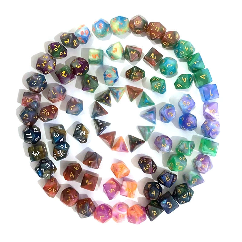 7‑piece polyhedral dice set, tricolor chameleon finish, standard DnD kit (d20–d4), multi‑color