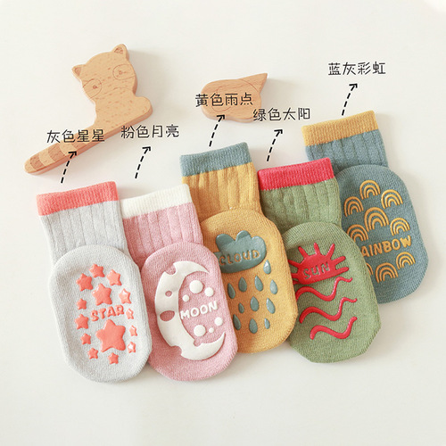 Spring and Autumn Baby Floor Socks Children's Socks Cartoon Weather Pattern Dotted Anti-Slip Socks Medium Tube Toddler Socks