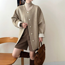 卷袖撞色无领落肩袖单排多扣中长款简约双面羊毛大衣女毛呢秋冬