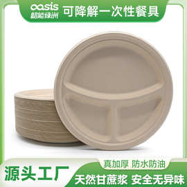 韶能绿洲甘蔗渣浆10寸3格圆盘环保一次性餐具可降解可堆肥便当