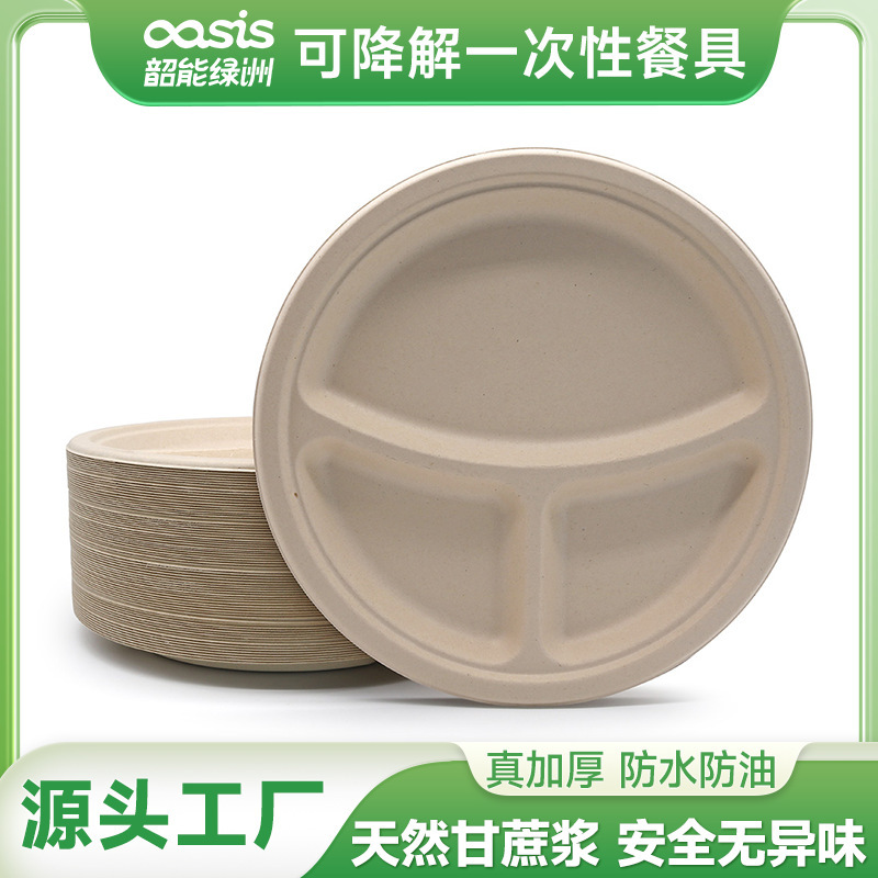 Shaoneng Oasis Sugarcane Pulp 10-Inch 3-Compartment Round Plate Eco-Friendly Disposable Tableware Biodegradable Compostable Lunch Box