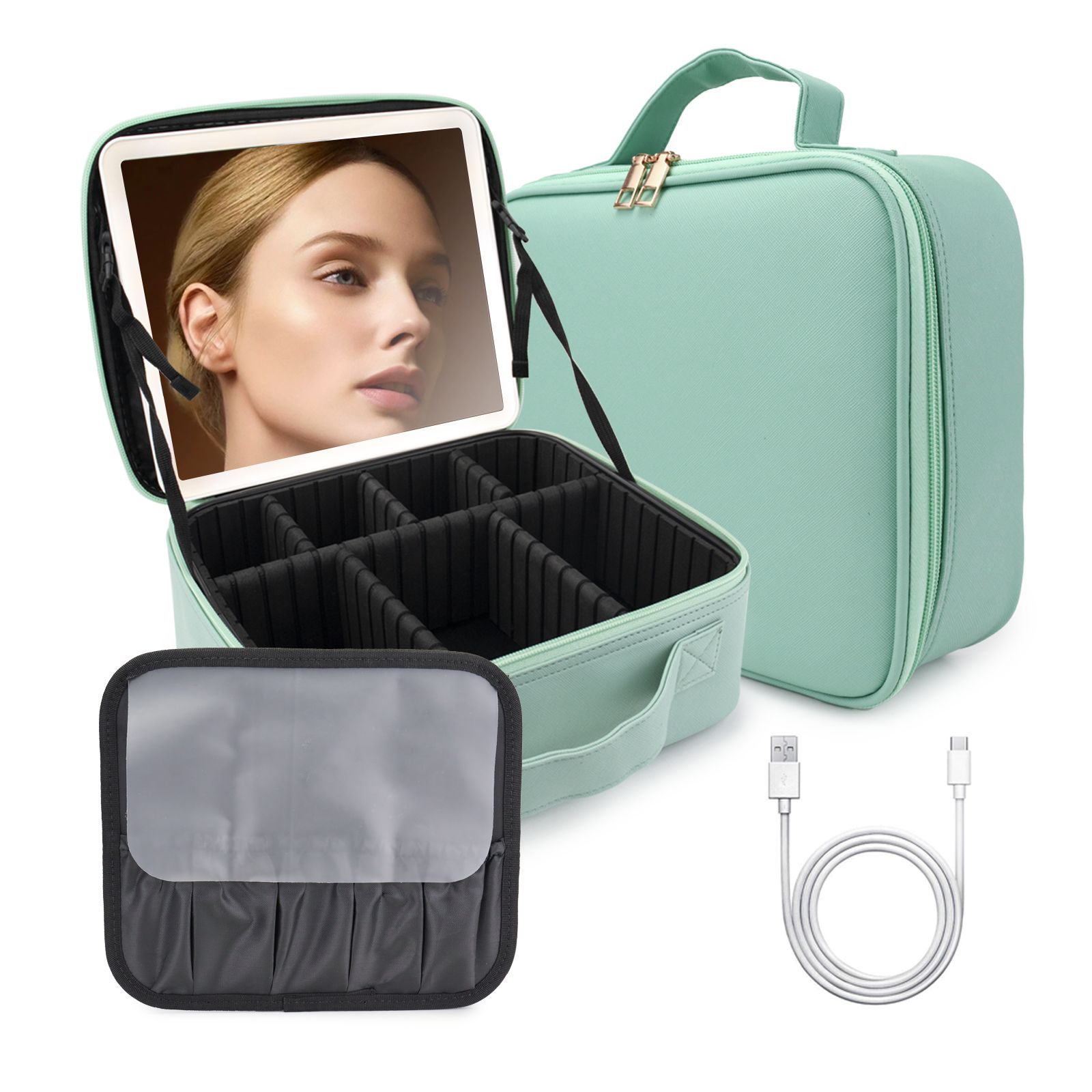 Bolsa de cosméticos de viaje LED premium con espejo para mujer caja de pinceles de maquillaje portátil de gran capacidad bolsa de belleza de partición portátil