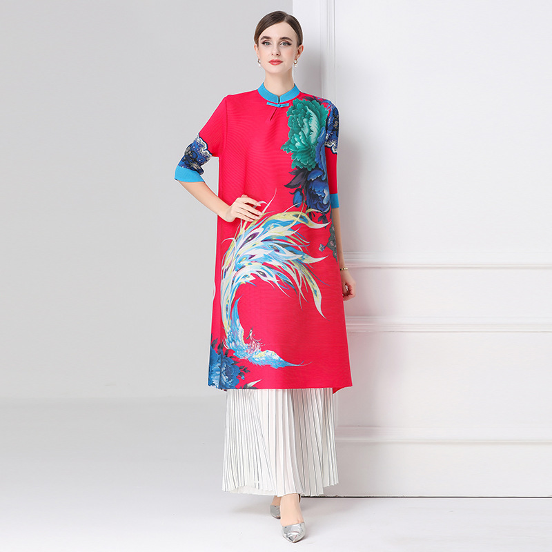 Miyake New Chinese Style Mom Dress for Women, Spring and Autumn Model, Elegant and Youthful, Printed, Plus Size, National Style Improved Cheongsam Dress