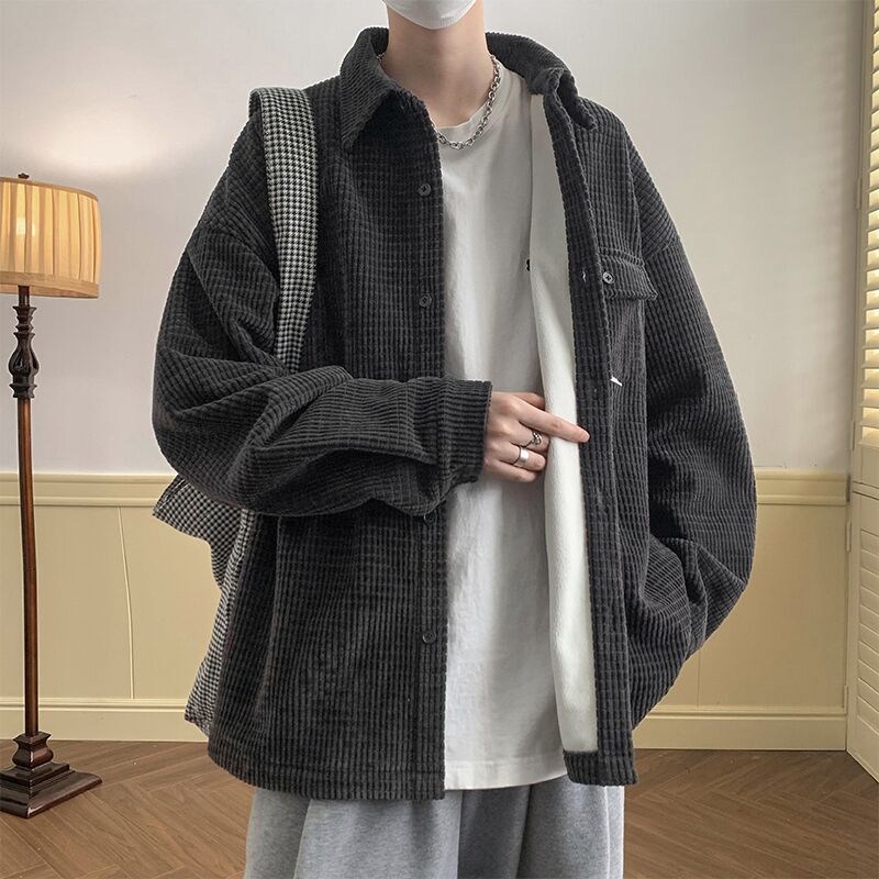 简约衬衫男长袖冬季潮流宽松百搭灯芯绒衬衣痞帅外套衬衫衣服慵懒