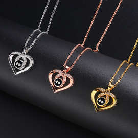 跨境热销简约爱心投影项链100种语言我爱你个图片定 制百搭锁骨链