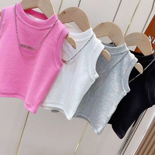 Ladies' Summer Tank Top T-Shirt for Kids, Baby Trendy Children's Personality Fashion Brand, Korean Version Necklace, Solid Color, Internet Famous Stylish Top