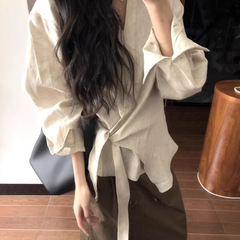2025超火不规则极简亚麻长袖衬衫衬衣女设计感漂亮掐腰上衣百搭新