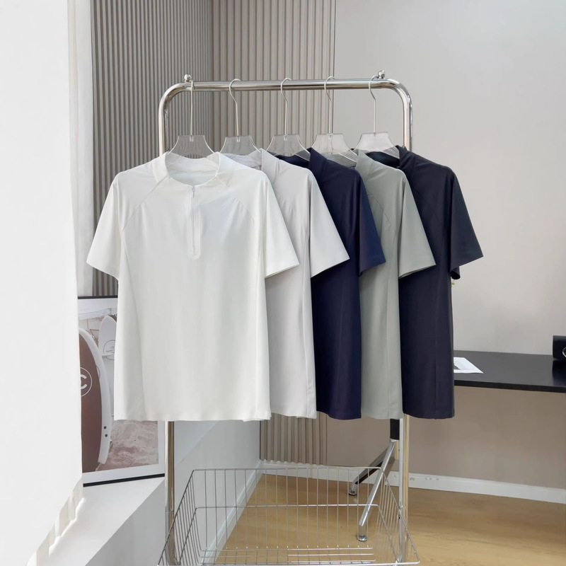 Kaijia Little Sun Ice Silk Quick-Dry Half-Zip Stand Collar T-Shirt Breathable Cool Sports Fitness Commuting Short Sleeve Top
