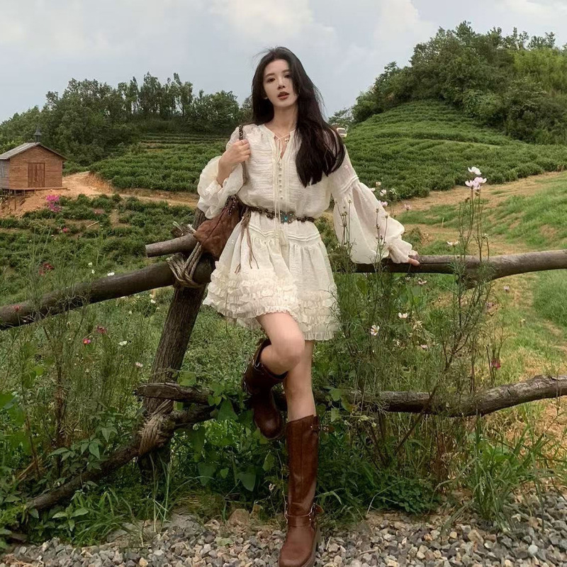 Bohemian Resort-Style Apricot Lantern Sleeve Dress with Early Autumn Vibes, Sweet First Love Style, Tie-Up V-Neck Short Dress