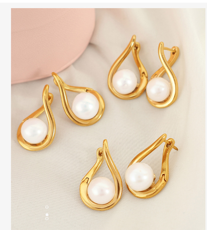Freshwater Pearl Inlay Material 1 Pair Retro Geometric Freshwater Pearl Titanium Steel Freshwater Pearl Drop Earrings
