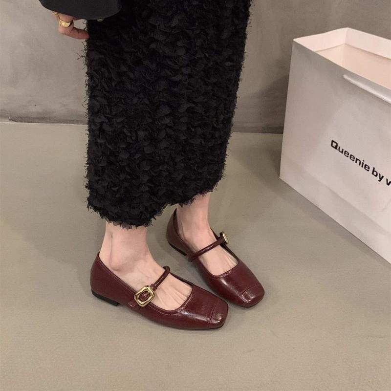 复古时尚平底法式方头单鞋女2025新款香风平底鞋黑色一字玛丽女鞋|undefined