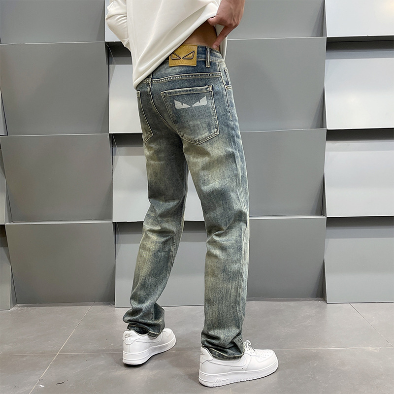 Men's Clothing Spring Retro High-End Printed Blue Jeans Loose Fit Straight Leg Casual Pants For Men_mkmklike.com