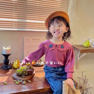 Sweet Girls' Cotton Bottoming Shirt, Kidsren's Style Pit Striped Doll Collar Top, Versatile Baby Long-Sleeved T-Shirt