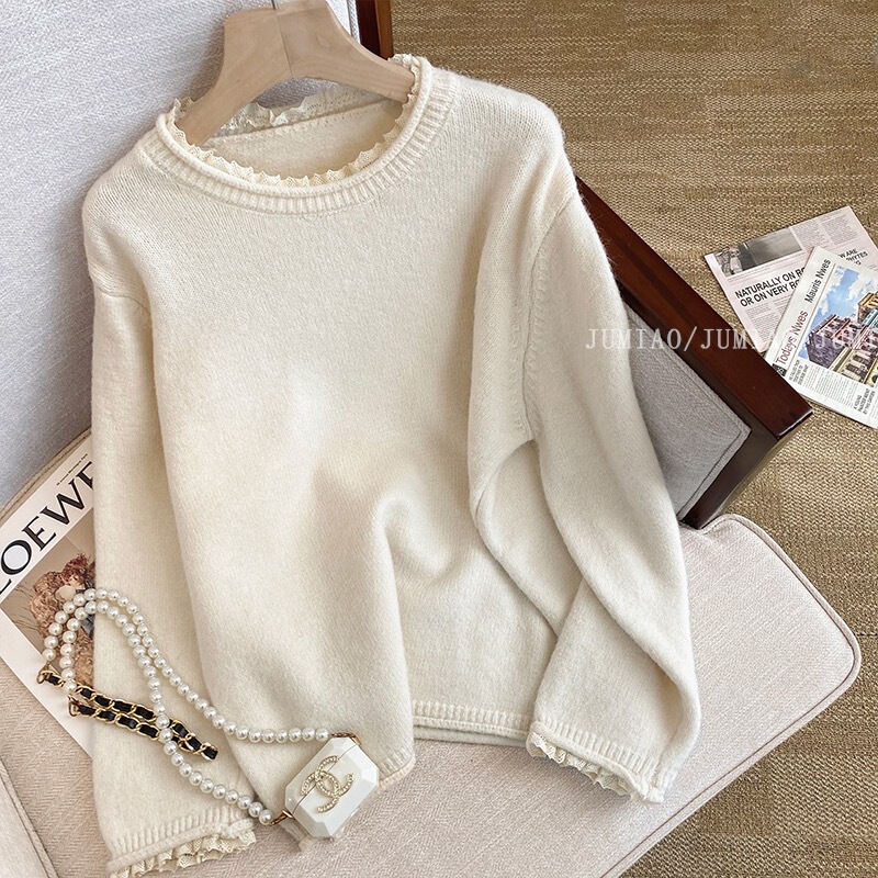 2025 Round Neck Pullover Sweater Autumn and Winter Loose Design Niche Soft Lace Trim Base Knit Top Fresh