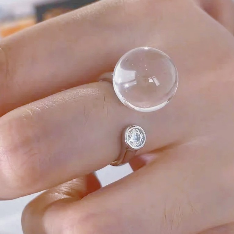 Natural 8A Pure White Crystal Ring S925 Silver Bubble Diamond Fortune Dragon Bead Adjustable Ring Without Holes
