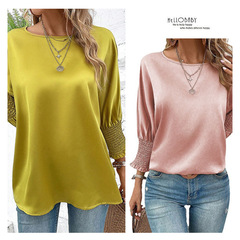 休閒寬鬆女士T恤 打攬蝙蝠袖純色圓領上衣 春夏歐美跨境女裝直銷